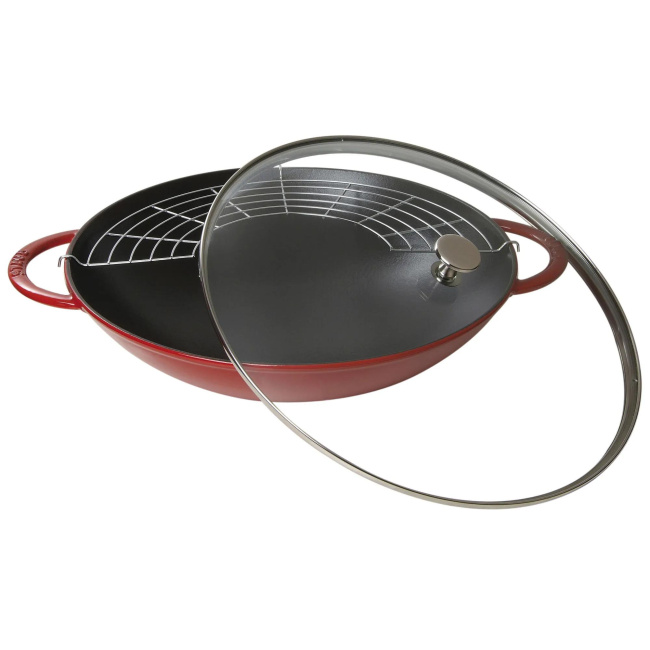 Wok żeliwny 37cm z pokrywką czerwony