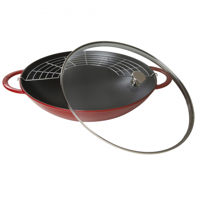 Cast Iron Wok 37cm with Lid Red - 1