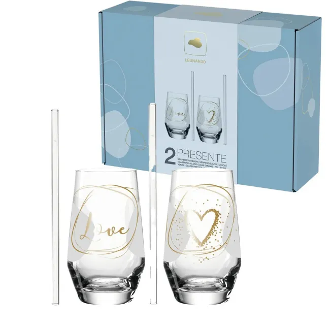 Komplet 2 szklanek ze słomkami Presente 365ml Love