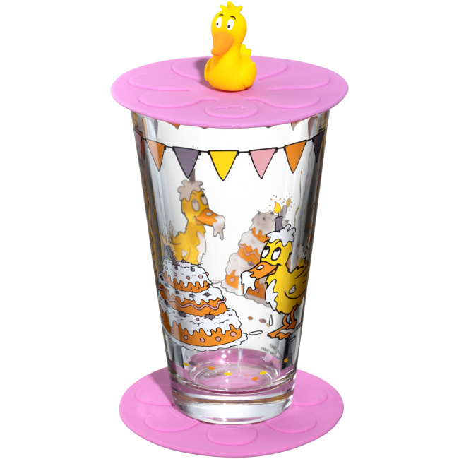 Zestaw Bambini szklanka 300ml + pokrywka + podstawka dla dzieci kaczka