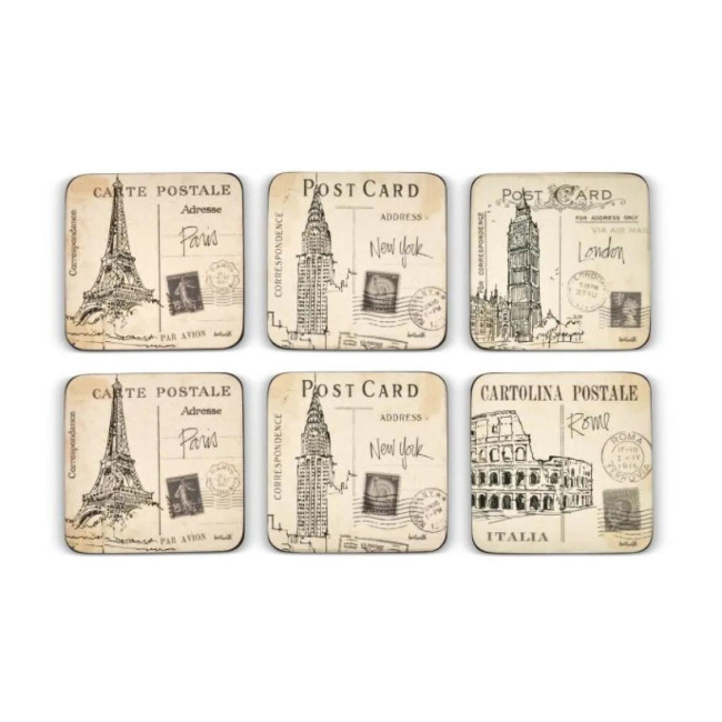 Set of 6 Postcard Sketches Coasters 10.5x10.5cm