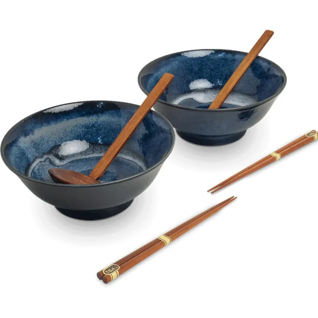 Set of 2 ramen bowls + 2 pairs of chopsticks and ladles blue izayoi - 1