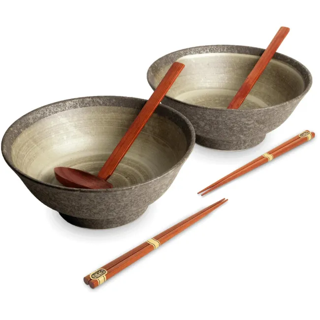 Set of 2 Ramen Bowls + 2 Pairs of Chopsticks and Ladle Nenrin - 1