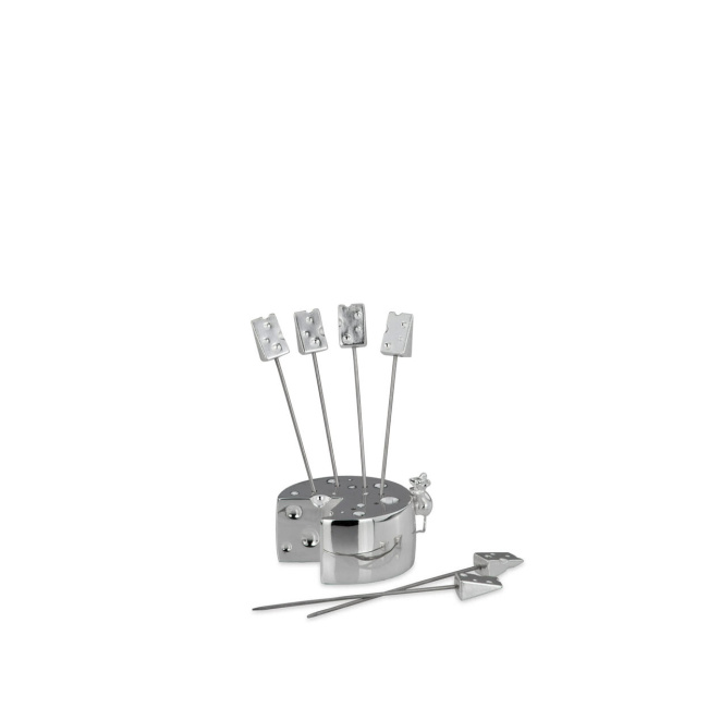 Set of 6 silver-plated cocktail picks with a mouse-shaped stand
