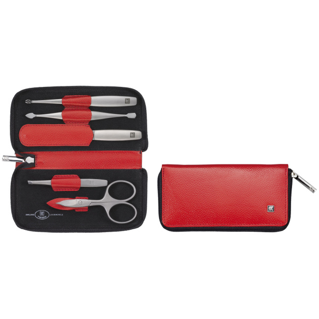 travel set – red leather case, 5 pieces