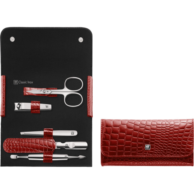 travel set – red leather case, 5 pieces