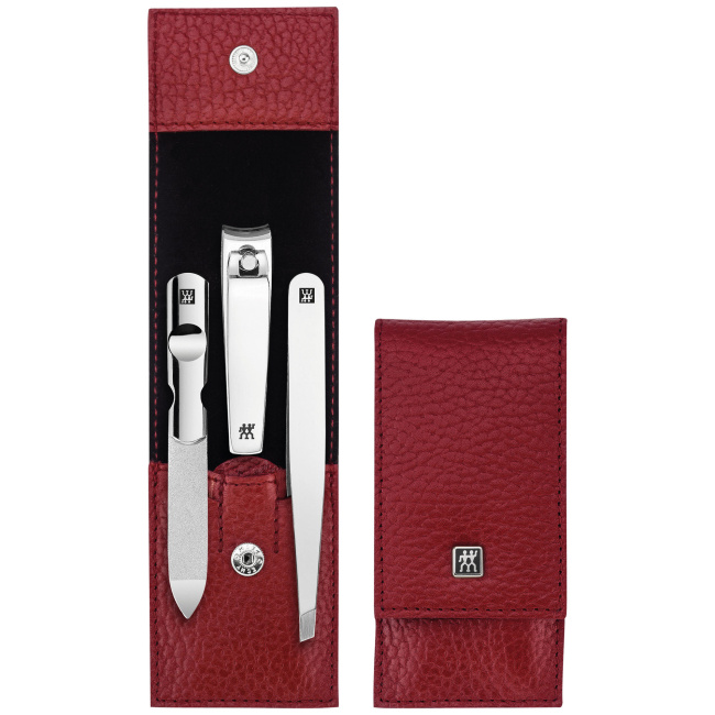 travel set – red leather case, 3 pieces