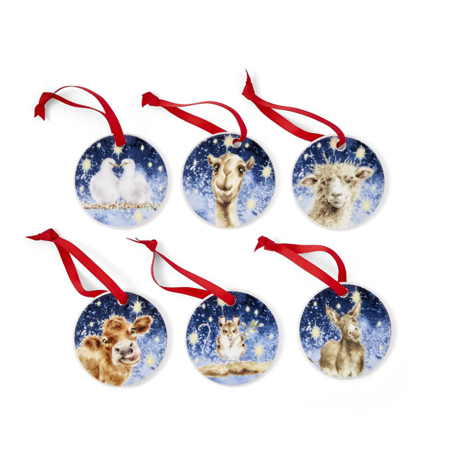 Set of 6 Wrendale Designs 7cm Christmas tree pendants stable - 1