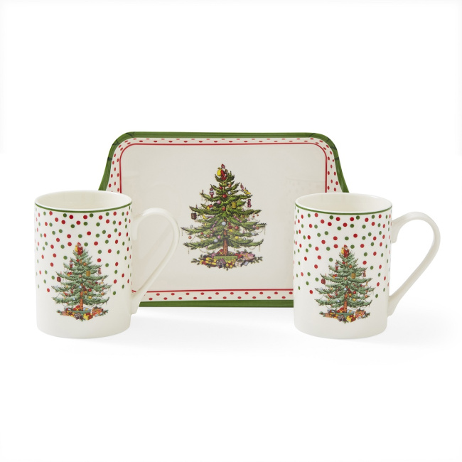 Polka Dot set of 2 270ml mugs + Christmas tree tray