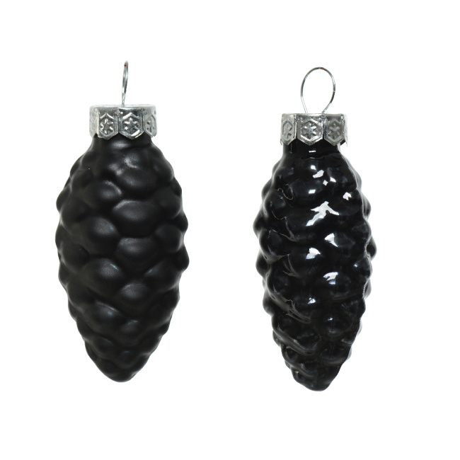 Set of 12 glass baubles 6x2.5cm pinecone black