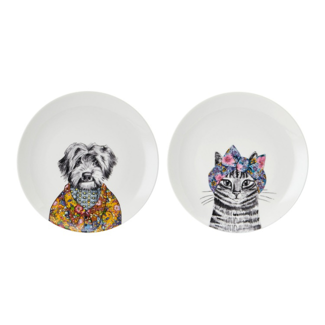 Set of 2 Tipperleyhill 21cm breakfast plates cat with band + dog