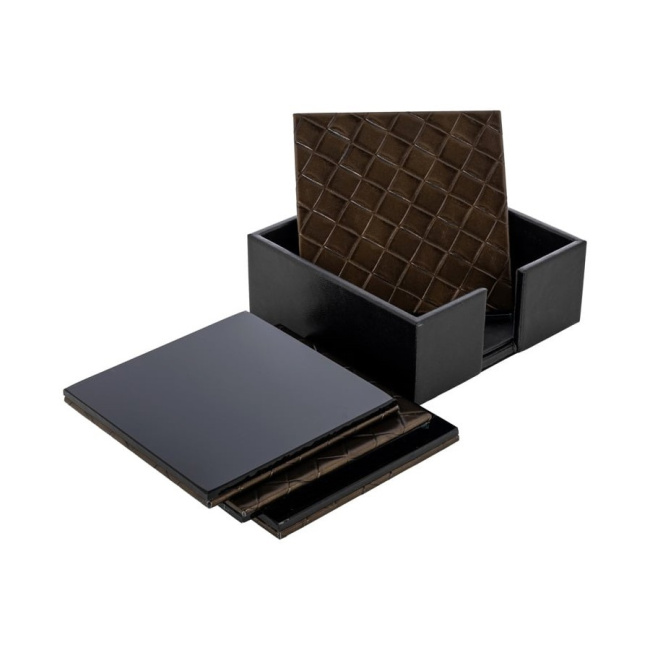 Komplet 4 podkładek Jora 10x10cm pod kubek mdf, szkło ,skóra syntetyczna