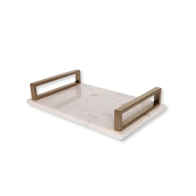 Taca biała marmurowa 40x26 cm ze złotymi uchwytami