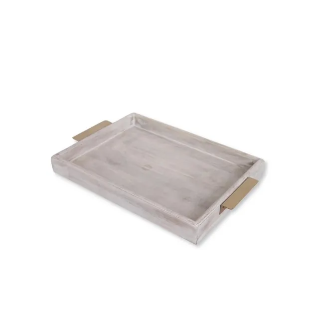 Taca drewniana biała 46x30 cm ze złotymi uchwytami