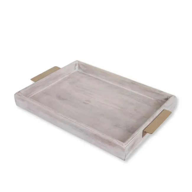 Taca drewniana biała 51x33 cm ze złotymi uchwytami