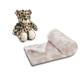 Koc 100x75cm beżowy we wzorek + pluszak lampart