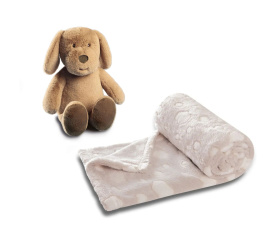 Koc 100x75cm beżowy we wzorek + pluszak pies