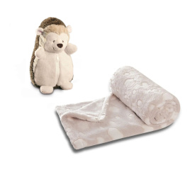 Koc 100x75cm beżowy we wzorek + pluszak jeż