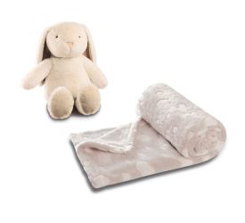 Koc 100x75cm beżowy we wzorek + pluszak królik