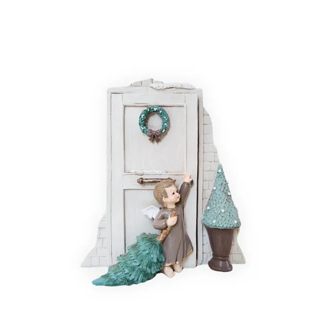 Figurka aniołek przy drzwiach LED szara 25.4x23x11.3cm