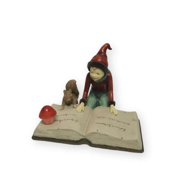 Dekoracja elf czytający książkę czerwona 18.6x16.6x14.3cm