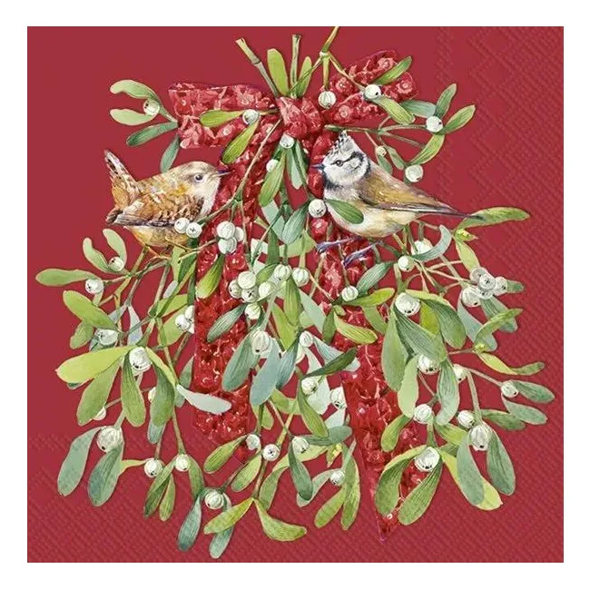 Serwetki 33cm Birds in mistletoe 20szt. czerwone
