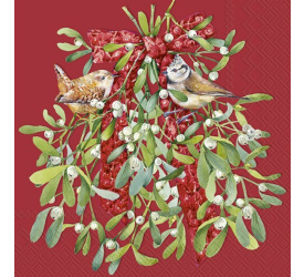 Serwetki 33cm Birds in mistletoe 20szt. czerwone