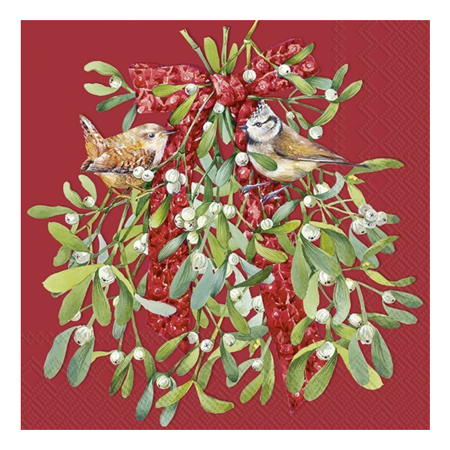 Serwetki 33cm Birds in mistletoe 20szt. czerwone