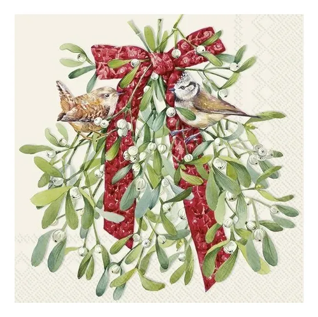 Serwetki 33cm Birds in mistletoe 20szt. kremowe