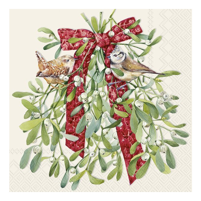Serwetki 33cm Birds in mistletoe 20szt. kremowe - 1