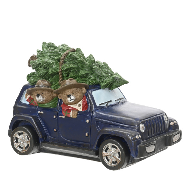 Dekoracja samochód z misiami i choinką 13x19x11cm