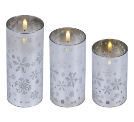 Komplet 3 świec w szkle srebrne śnieżynki