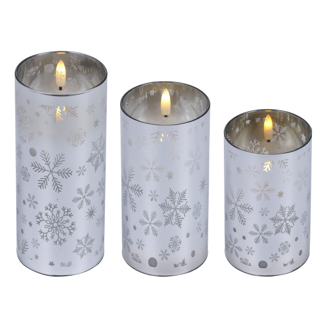 Komplet 3 świec w szkle srebrne śnieżynki