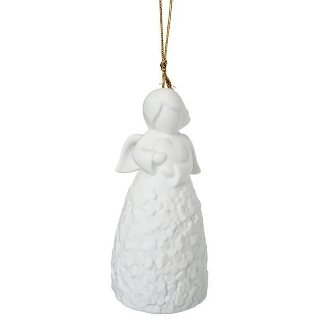  Zawieszka aniołek z sercem w sukience w kwiaty 11.5cm biała porcelana 