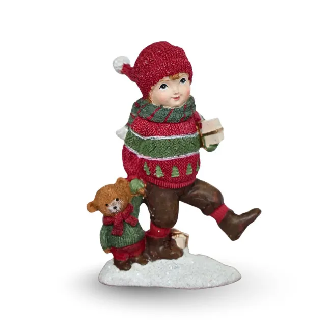  Dekoracja figurka dziecka z misiem 10.6x7.8cm red-green