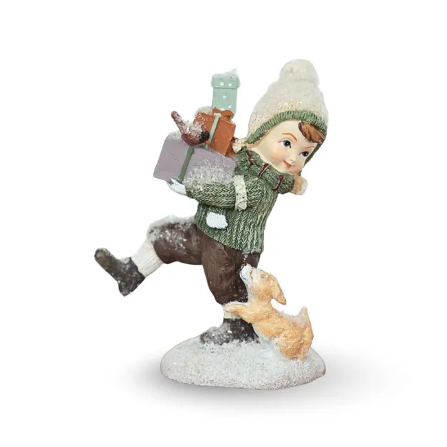  Dekoracja figurka dziecka z psem 11,1x9cm green-brown