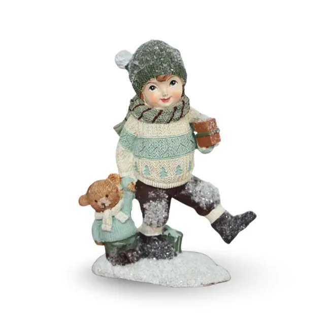  Dekoracja figurka dziecka z misiem 10.6x7.8cm green-brown