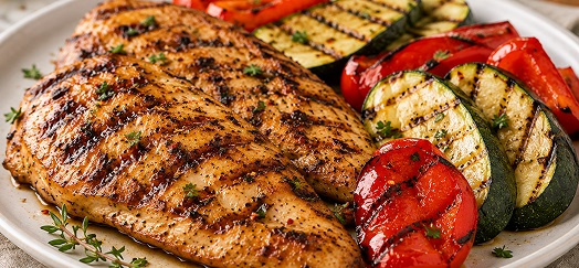 MARYNOWANY FILET Z KURCZAKA Z GRILLOWANĄ CUKINIĄ I PAPRYKĄ