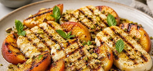 GRILLOWANY HALLOUMI Z BRZOSKWINIAMI, MIODEM I PISTACJAMI